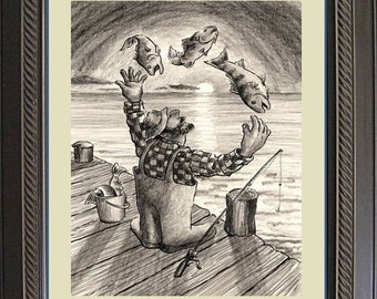 The Fisherman Juggler Pencil Drawing 8X10 Quality Art Print Whimsical  Illustration Fishing Gift by Barry Singer -  Sweden