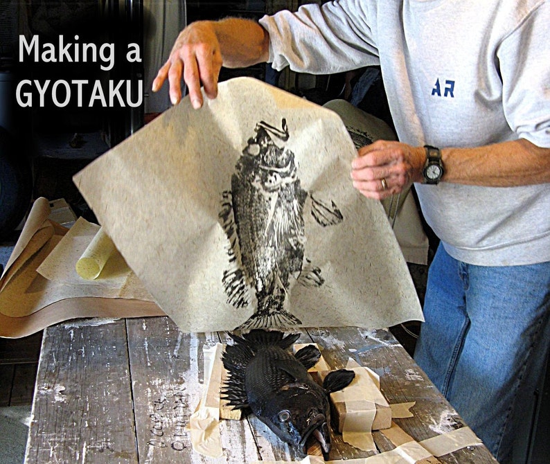 ORIGINAL Porgy or Scup Fish Art rubbing GYOTAKU on 16 X 20 cloth Fisherman gift by Barry Singer