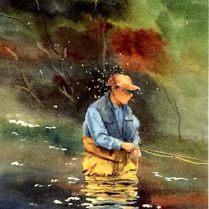 May include: A watercolor painting of a person fly fishing in a river. The person is wearing a blue shirt, a brown hat, and yellow waders. The river is green and brown, and there are trees in the background.