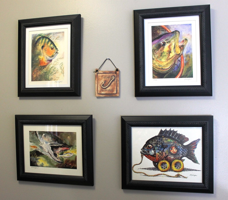 An arrangement of four lake art watercolor illustrations by famous fish artist Barry Singer