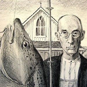 May include: Pencil sketch of a man with glasses holding a large fish. The fish is suspended from a pole. A building with a pointed roof and a window is in the background.