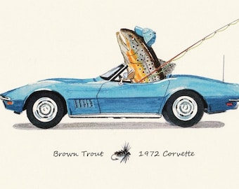 1972 Blue Corvette Stingray and a Brown Trout going Fly Fishing 8 X 10 Art Print by Fish artist Barry Singer