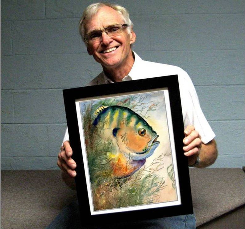 The head of a bluegill watercolor illustration by famous fish artist Barry Singer