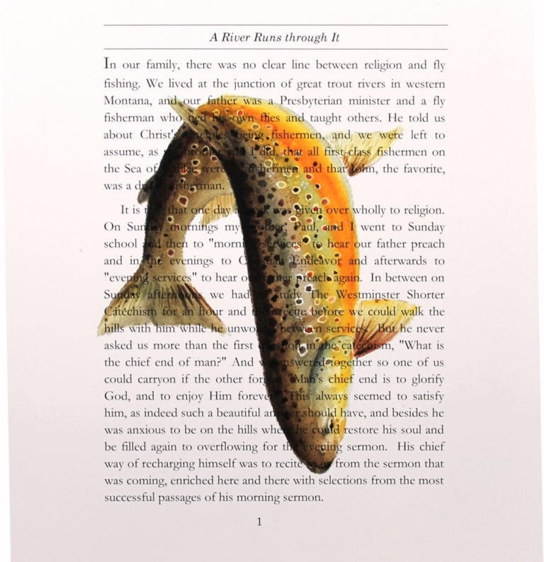 A River Runs Through It the First Page Norman Maclean 8x10 Brown Trout Art  Print Great Fly Fishing Gift for Dad 