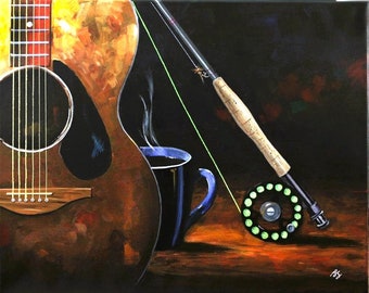 If I had my Druthers art print by Fish artist Barry Singer Guitar Fly Rod and coffee inspired by John Denver Fishing gift