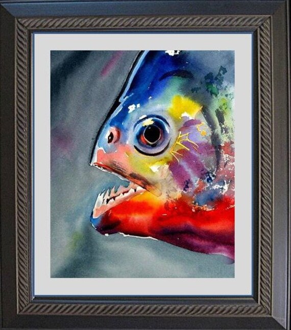 Piranha Head Razor Sharp Teeth Tropical Fish Watercolor 8 X 10 Art