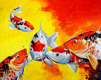 Koi Painting Art Print Fish Goldfish Pond Decor 8 1/2 X 11 Gossip by Barry Singer