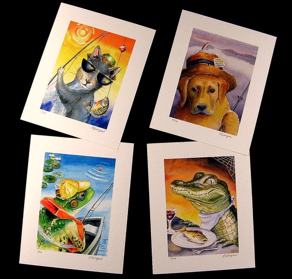Fishing Cartoon Animals Cat Dog Frog Horse Alligator Duck and Squirrel ALL  7 Illustrations One Low Price 8 X 10 Art Prints by Barry Singer 