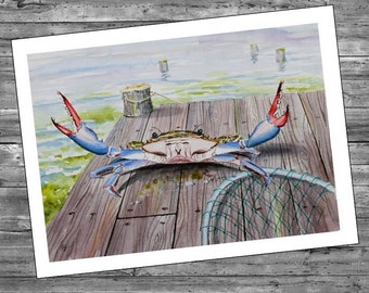 Large Size Very Angry Blue Crab Watercolor Art Print 11X14 Coastal Beach Bay Sea Food Art by Barry Singer