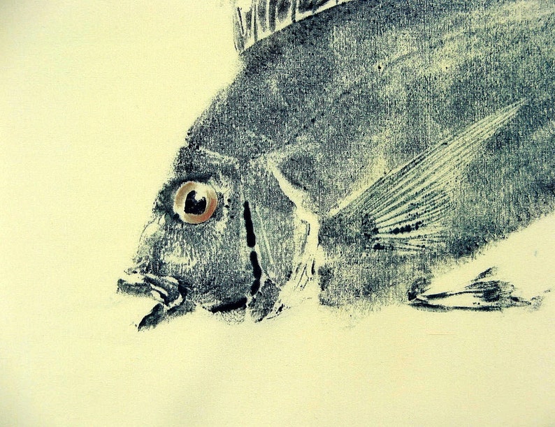 ORIGINAL Porgy or Scup Fish Art rubbing GYOTAKU on 16 X 20 cloth Fisherman gift by Barry Singer