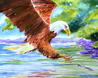 Fishing Bald Eagle 11X14 Watercolor Art Print America's National Bird by Barry Singer