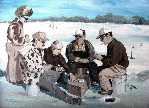 ICE FISHING With Friends 8x10 Cottage Lake House Fisherman Decor