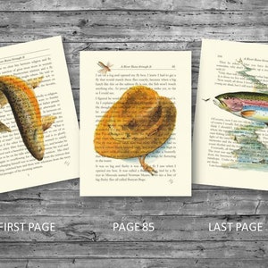three different pages of the book A River Runs through it each with an illustration Brown trout rainbow trout and a fisherman's hat