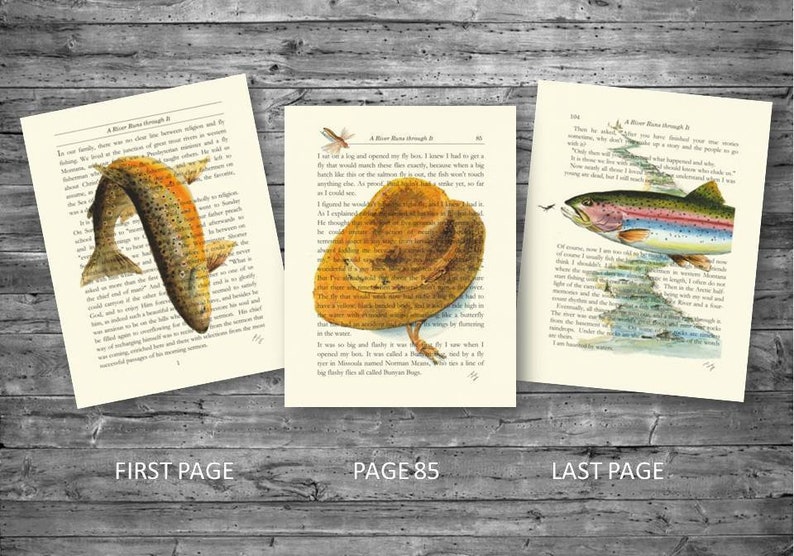 three different pages of the book A River Runs through it each with an illustration Brown trout rainbow trout and a fisherman's hat