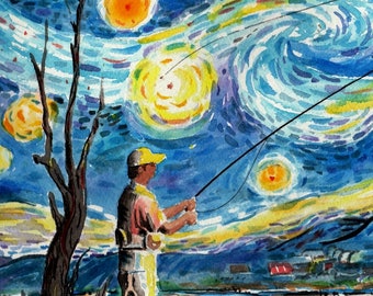 Starry Night Fly Fisherman Picture Watercolor 8.5 x 11" fishing Art Print Vincent van Gogh painting  by Barry Singer Trout Fishing Decor