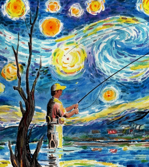 Starry Night Fly Fisherman Picture Watercolor 8.5 X 11 Fishing Art Print  Vincent Van Gogh Painting by Barry Singer Trout Fishing Decor 