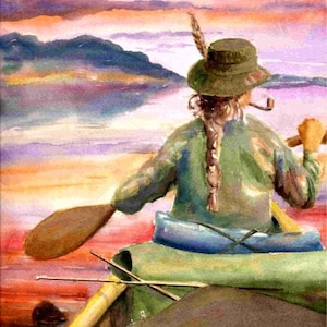Sally McNight smoked a billiard pipe... Female Woman Tomboy Canoe Fly Fisherman 8X10 watercolor lake house decor art print by Barry Singer
