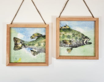 ORIGINAL Large Mouth Bass GYOTAKU ( Fish Rubbing ) Head and tail framed Lake House Art Fishing Fisherman Decor ready to hang