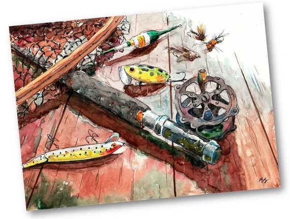 Old Fly Fishing Rod and Reel With Vintage Lures and Landing Net Watercolor  Art Print Cottage Lake House Dcor by Fish Artist Barry Singer - Etsy