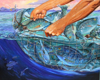 The Miraculous Catch of Fish Bible Miracle painting art Print 8.5x11 by Barry Singer