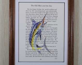 Framed ready to Hang Ernest Hemingway Old Man and the Sea Blue Marlin Watercolor Art Print Great Literature gift by Barry Singer