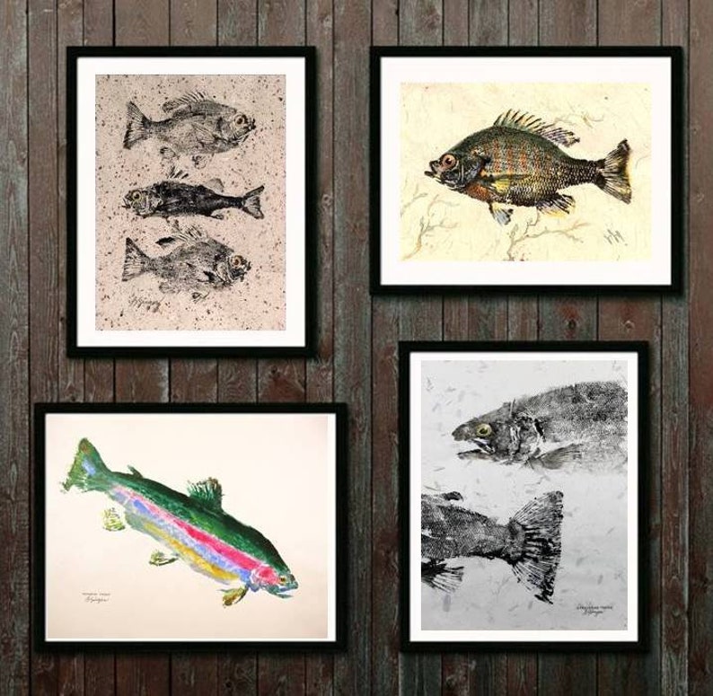 four different Gyotaku fish rubbings by Barry Singer