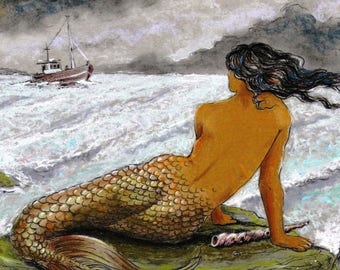 MERMAID Painting Art Print 8.5 X 11 Great Greek Mythology Siren Best NEW Coastal Sea Fantasy by Fish Artist Barry Singer