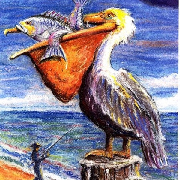 A Wonderful Sea Bird the Pelican and Fisherman Coastal  Beach Decor 8X10 PASTEL Art print by Barry Singer