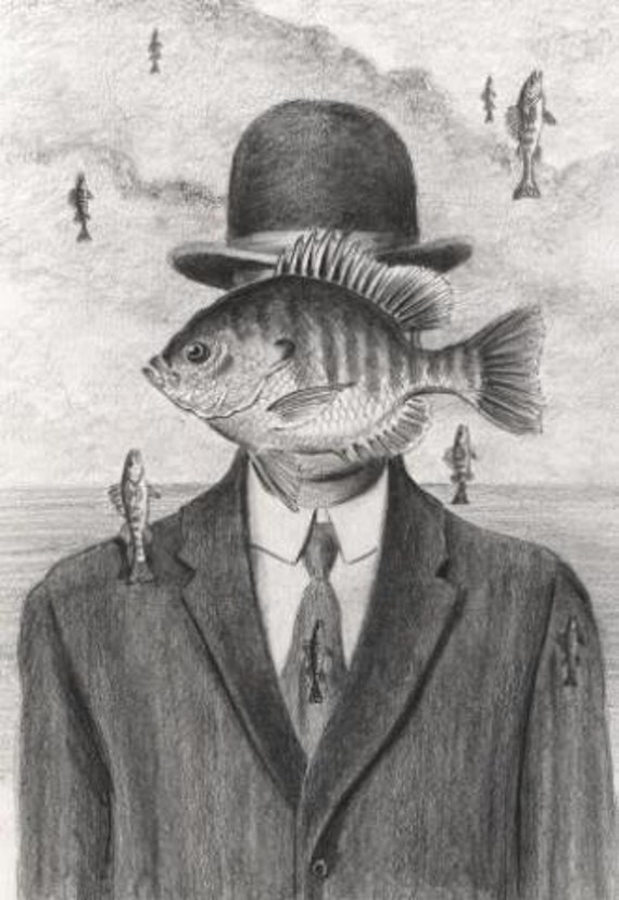 Man in the Bowler Hat Funny Bluegill Fish Pencil Drawing Magritte