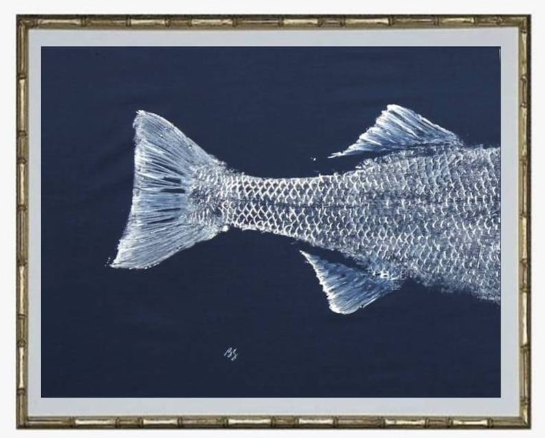 back half of a striped Bass Gyotaku fish rubbing. White ink on a navy-blue background.