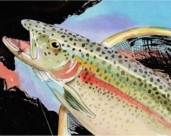 ORIGINAL Fish Watercolor 7.5 X 10.5 Art Rainbow Trout Fly fisherman gift Cottage Lake house decor by Barry Singer