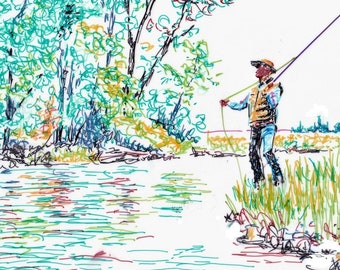 Stream Doodle Line Drawing by Barry Singer 8" X 10" Trout Fly Fisherman Art Print Fishing Guide gift