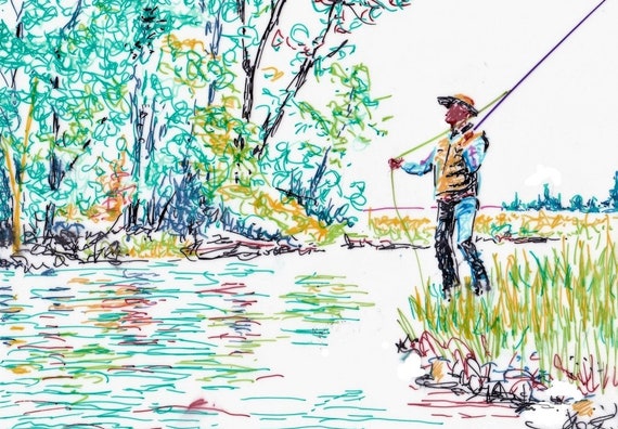 Stream Doodle Line Drawing by Barry Singer 8 X 10 Trout Fly Fisherman Art  Print Fishing Guide gift