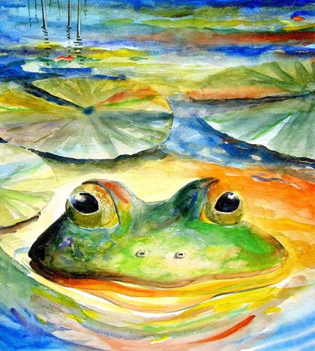 Green Frog and Lily Pad Picture Cottage Decor Best Watercolor