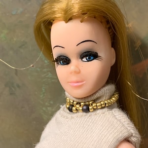 Vintage Topper Dawn Doll Wearing Custom Sleeveless Turtleneck and Chiffon Pants, Jewelry and Shoes