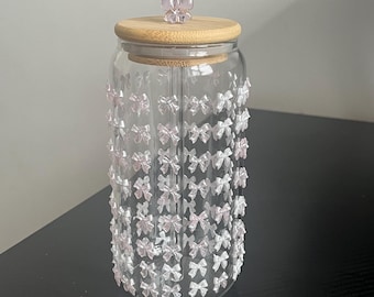 Aesthetic Glass bow cup with lid and straw-cute iced coffee cup-includes extra straw & cleaner-Girly gift for her