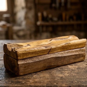 Könnte beinhalten: Eine handgefertigte Holzkiste mit natürlicher, rustikaler Ästhetik. Die Kiste ist rechteckig mit einem Deckel, und das Holz hat einen warmen, braunen Ton mit sichtbarer Maserung und Textur. Die Kiste steht auf einer verwitterten Holzoberfläche.