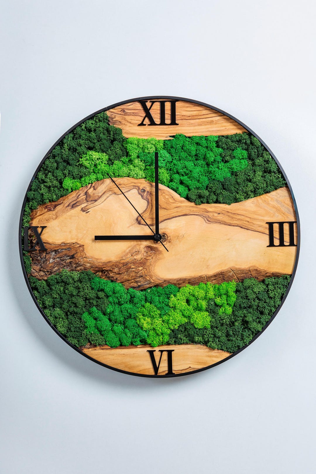30 Cm Wall Clock Olive Wood & Preserved Moss – Handmade Wooden Moss ...