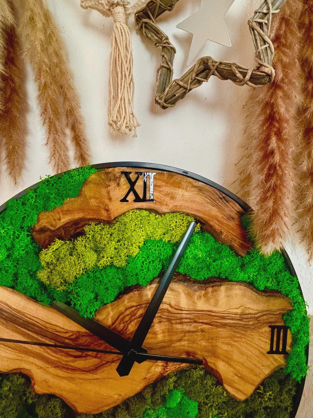 30 Cm Wall Clock Olive Wood & Preserved Moss – Handmade Wooden Moss ...