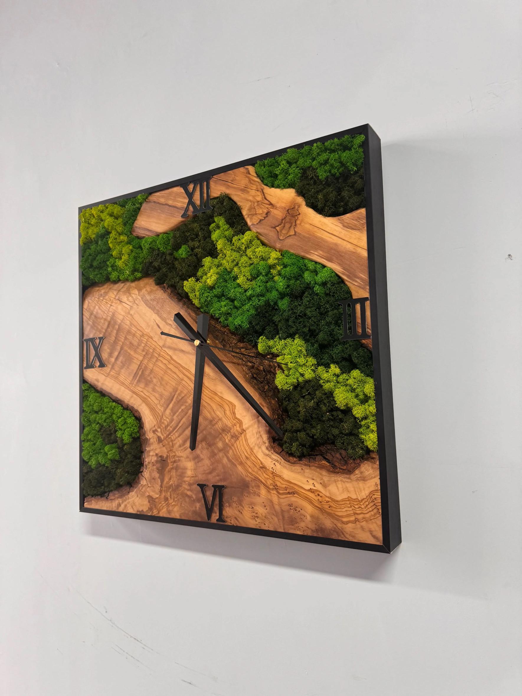 modern wall clock made of real olive wood and preserved moss