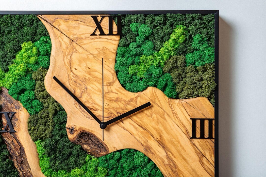 Modern Wall Clock Made of Real Olive Wood and Preserved Moss - Etsy