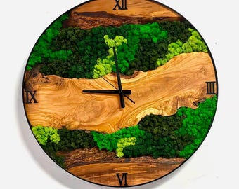 30 cm Wall Clock Olive Wood & Preserved Moss – Handmade Wooden Moss Clock, Natural, Design, Unique, Sustainable, Stylish, Round