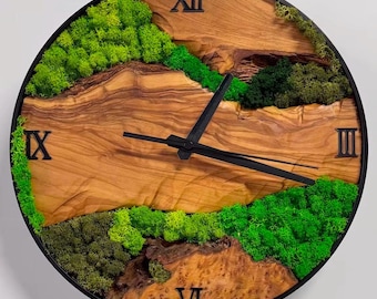 30 cm Wall Clock Olive Wood & Preserved Moss – Handmade Wooden Moss Clock, Natural, Design, Unique, Sustainable, Stylish, Round