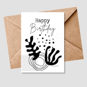 Bday black and white greeting card, blank birthday abstract card, monochrome birthday card, happy birthday printable note card, digital bday