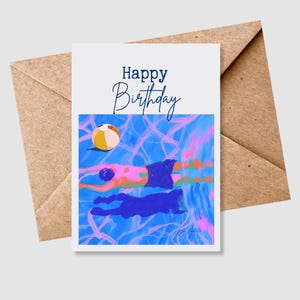 Carte d'anniversaire sur le thème de la plage, thème de la piscine amusante, carte de correspondance vierge, carte d'anniversaire numérique vierge, carte imprimable joyeux anniversaire, au bord de la piscine