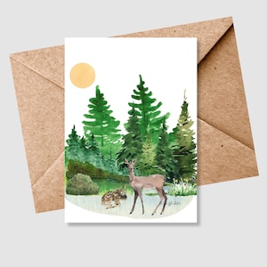 Deer in forest digital card, watercolor spring landscape card, woodland forest animal greeting card, printable nature scene card, blank card