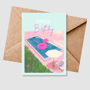 Carte de voeux abstraite d'anniversaire, carte numérique de piscine, flotteur de piscine flamant rose, carte de correspondance vierge, carte numérique flamant rose, anniversaire