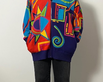 1990s I.B. Diffusion Colorful Geometric Cardigan