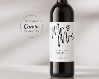 Wedding Wine Bottle Label Template Editable in Canva | Printable Mr & Mrs Wine Labels | Custom Wine Label Stickers | DIY Wedding Gift