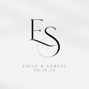 Può includere: Elegante monogramma nero con le lettere "E" e "S" intrecciate, su uno sfondo bianco sporco. Sotto il monogramma, sono visualizzati i nomi "Emily & Samuel" e la data "06.18.26".